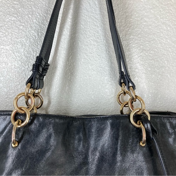 BADGLEY MISCHKA Black Tessa Shine Leather Studded Tote Handbag 17x13" - Picture 6 of 16